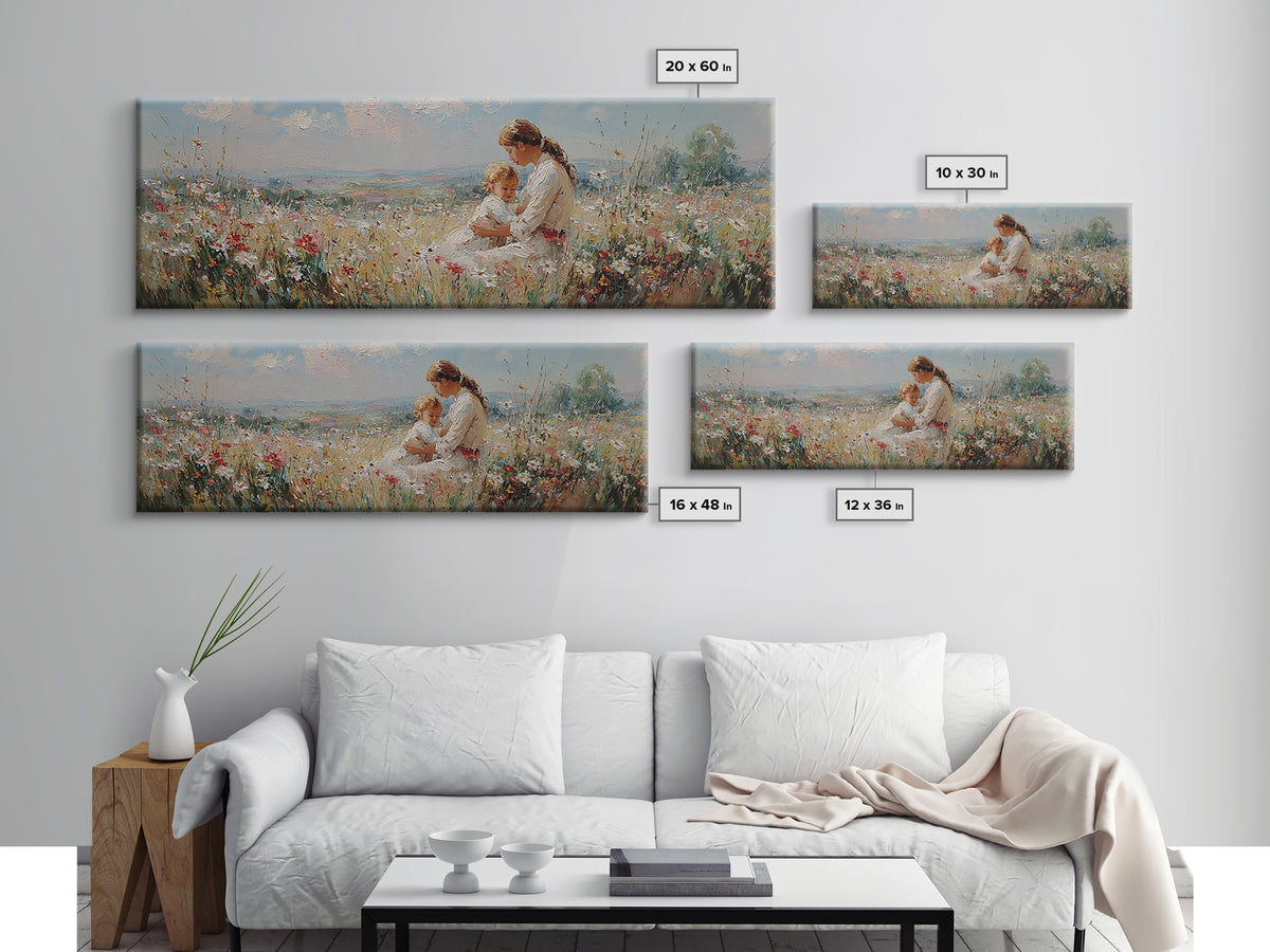 Mother And Toddler In Sunny Wildflower Meadow Framed Canvas Print, Impressionist Wall Art, Nursery Decor, Gift For Mom, Home Decor