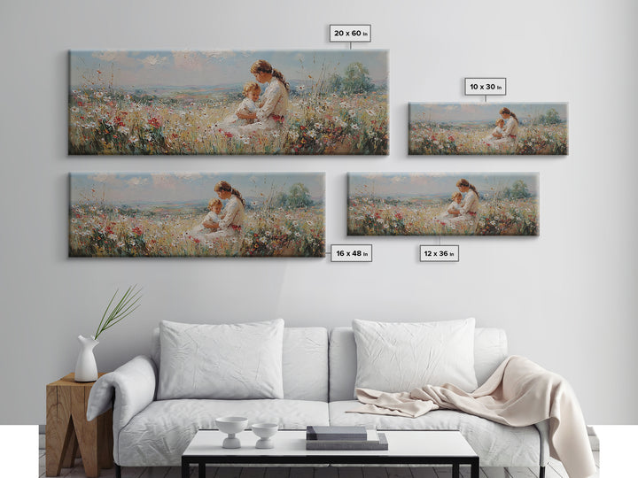 Mother And Toddler In Sunny Wildflower Meadow Framed Canvas Print, Impressionist Wall Art, Nursery Decor, Gift For Mom, Home Decor