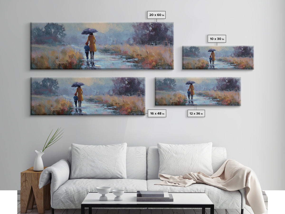 Mother And Child Walking In Rain With Blue Umbrella Framed Canvas Print, Moody Landscape Wall Art, Office Decor, Housewarming Gift