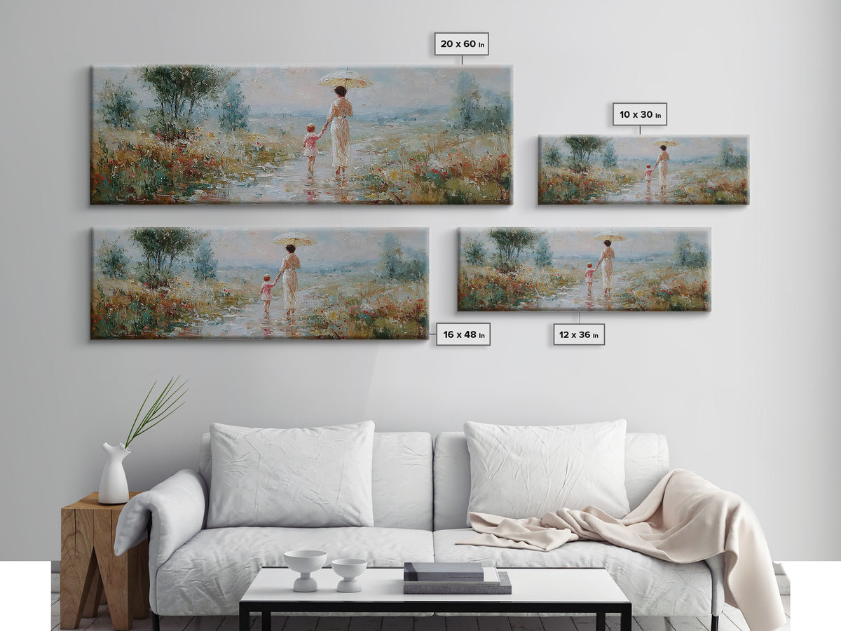 Mother And Child Strolling With Parasol In Misty Meadow Canvas Print, Impressionist Wall Art, Nursery Decor, Housewarming Gift