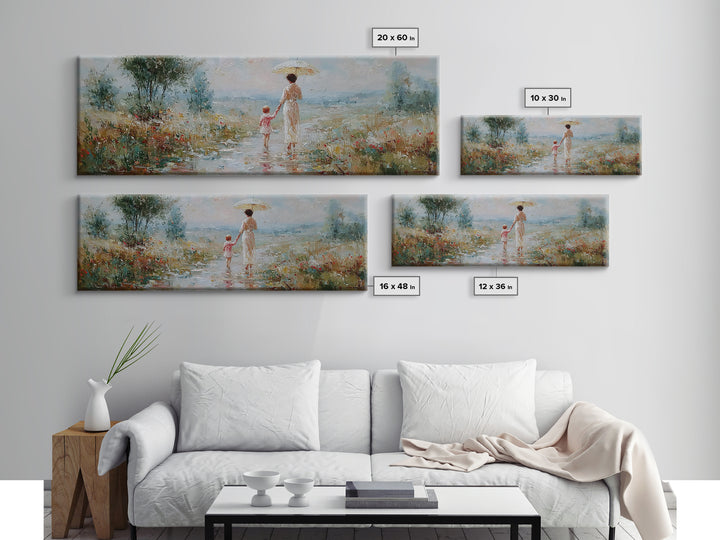 Mother And Child Strolling With Parasol In Misty Meadow Canvas Print, Impressionist Wall Art, Nursery Decor, Housewarming Gift