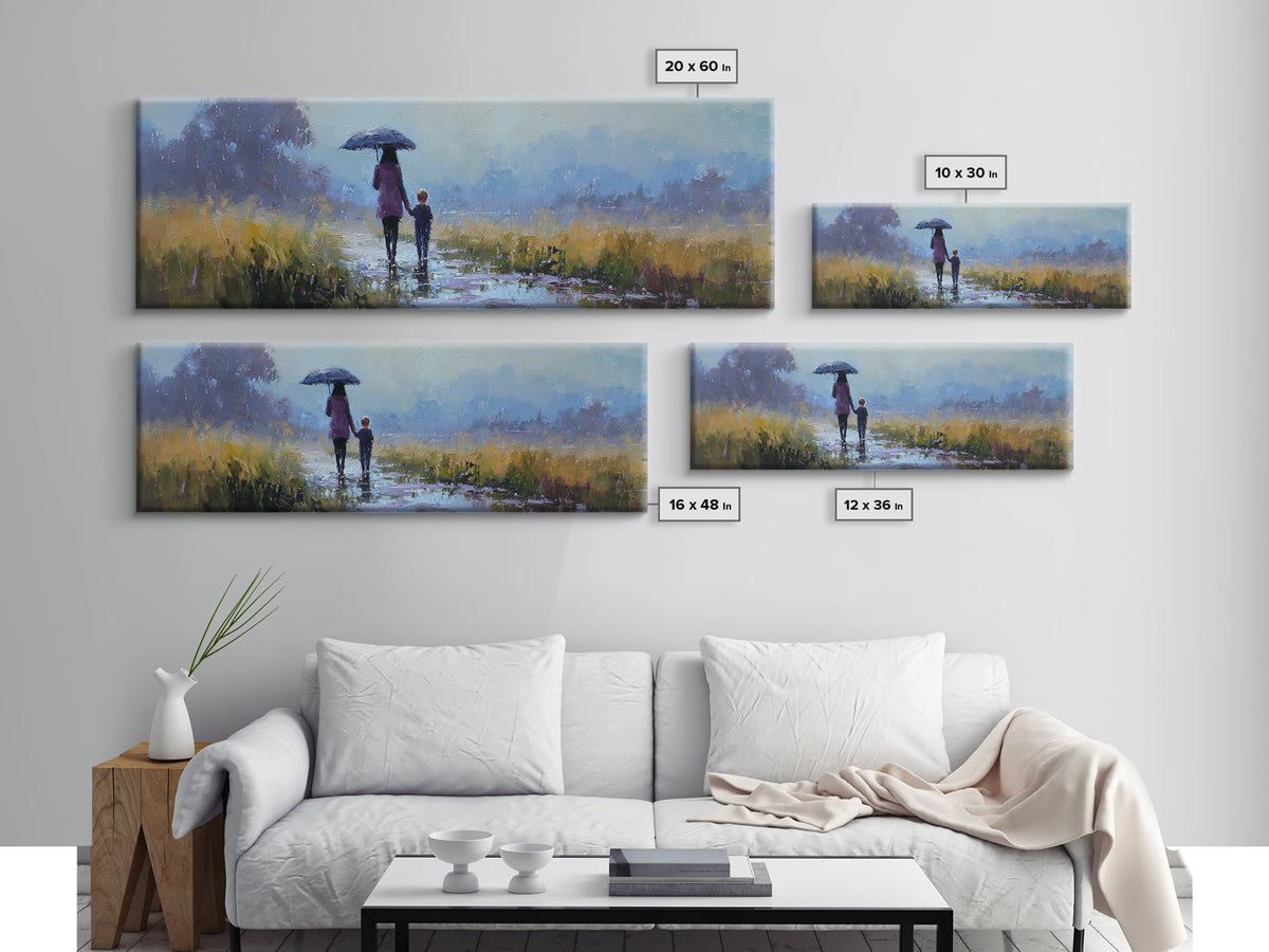 Mother And Son Under Blue Umbrella On Rainy Path Framed Canvas Print, Moody Landscape Wall Art, Bedroom Decor, Gift For Her