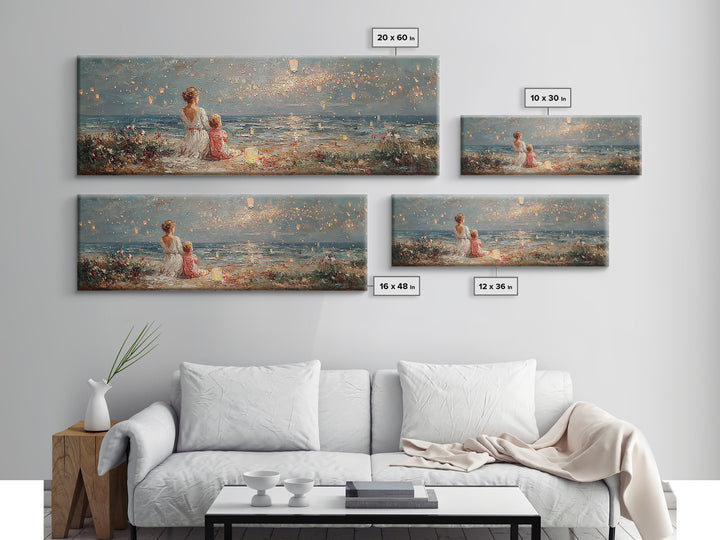 Mother And Child By Ocean Sunset Wall Art, Coastal Seascape Canvas Print, Nursery Decor, Living Room Decor, Gift For Mom, Home Decor