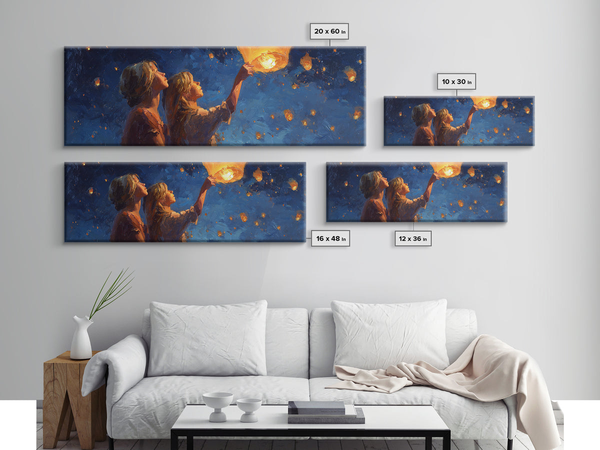 Girls Releasing Lanterns At Starry Night Canvas Print, Celestial Wall Art, Whimsical Decor, Bedroom Decor, Gift For Her, Home Decor