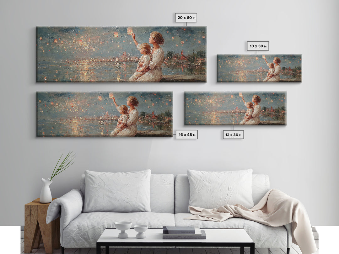 Mother And Baby Lantern Festival Framed Canvas Print, Coastal Wall Art, Romantic Decor, Nursery Art, Housewarming Gift For Her