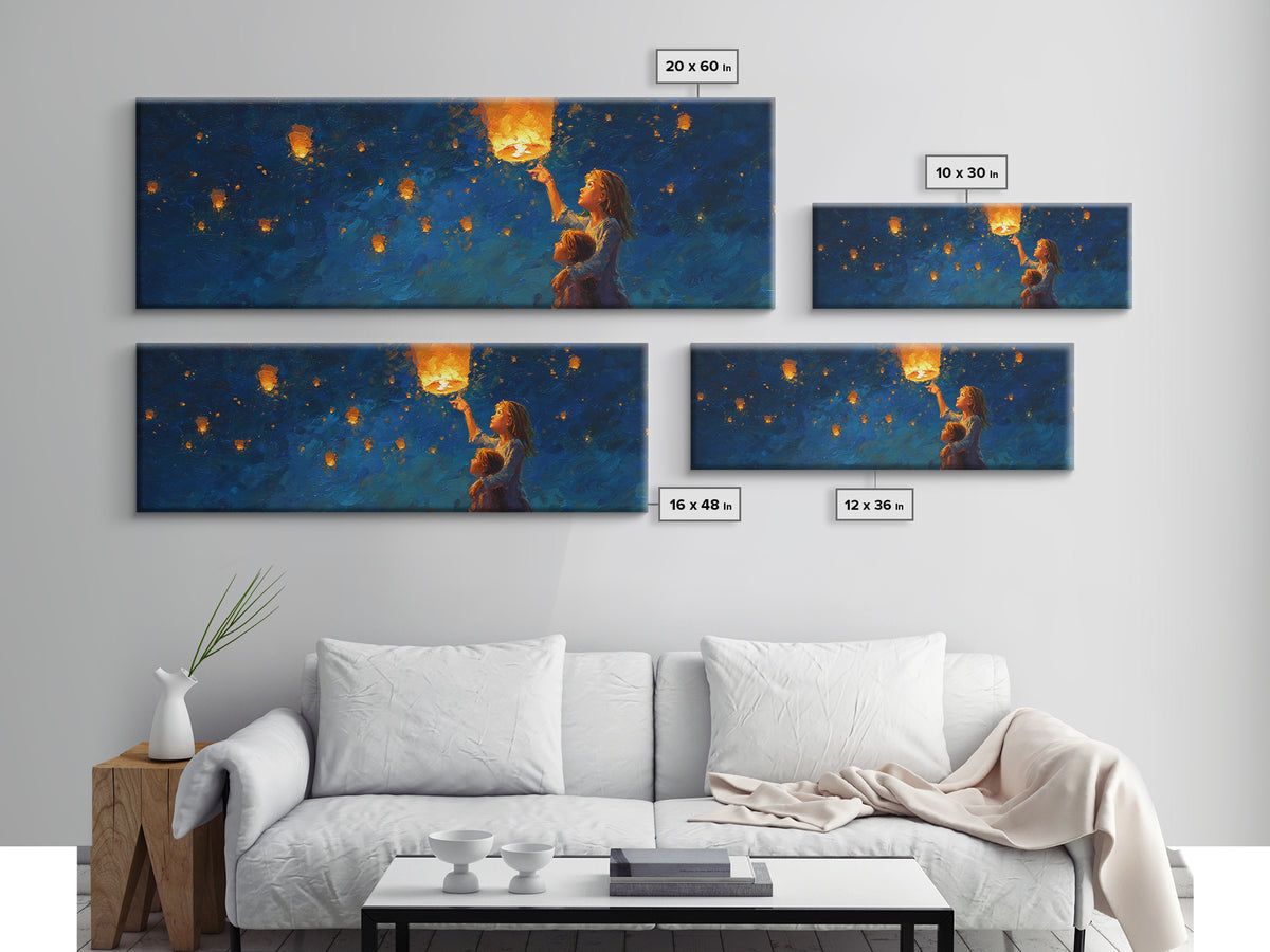 Children Lifting Glowing Sky Lantern Canvas Print, Celestial Wall Art, Kids Room Decor, Whimsical Decor, Nursery Art, Gift For Kids