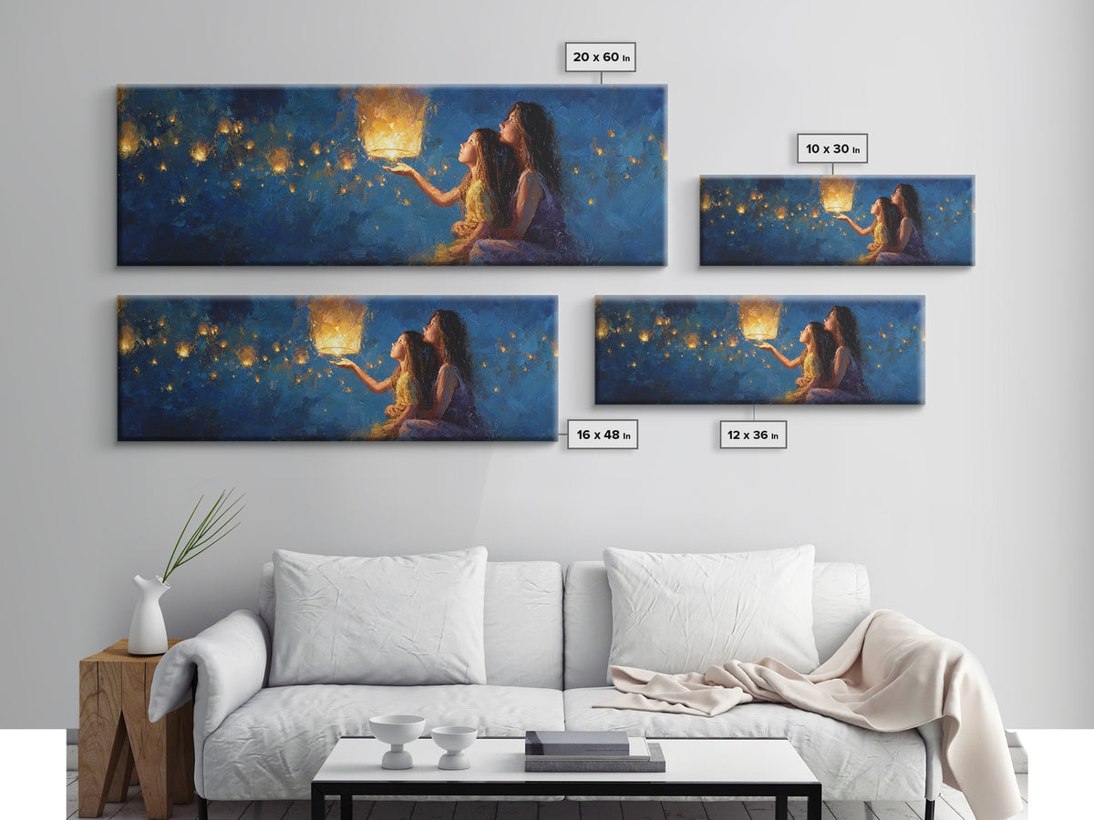 Sisters Holding Lantern Under Blue Night Wall Art, Celestial Canvas Print, Whimsical Decor, Bedroom Wall Art, Gift For Her