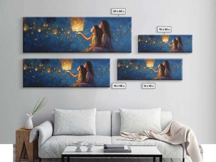 Sisters Holding Lantern Under Blue Night Wall Art, Celestial Canvas Print, Whimsical Decor, Bedroom Wall Art, Gift For Her