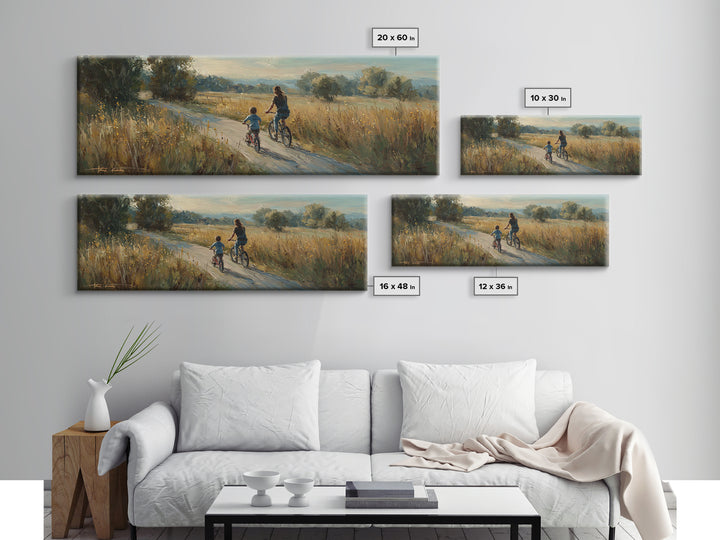 Mother And Child Biking Golden Meadow Canvas Print, Country Landscape Wall Decor, Housewarming Gift, Farmhouse Home Decor