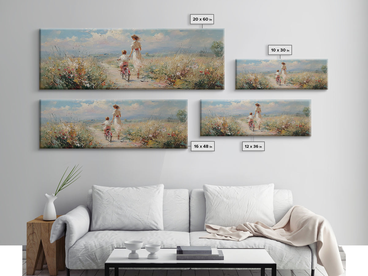 Windy Coastal Bike Ride With Child Canvas Print, Wildflower Meadow Wall Decor, Beach House Decor, Large Horizontal Art Print