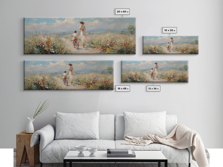 Windy Coastal Bike Ride With Child Canvas Print, Wildflower Meadow Wall Decor, Beach House Decor, Large Horizontal Art Print