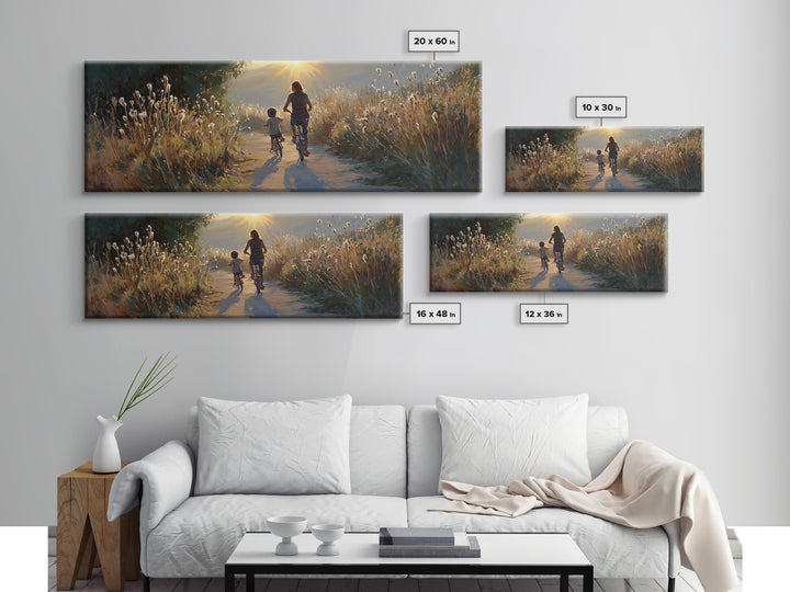 Sunlit Mother And Child Biking Path Framed Canvas Print, Golden Meadow Landscape, Living Room Wall Art, Housewarming Gift