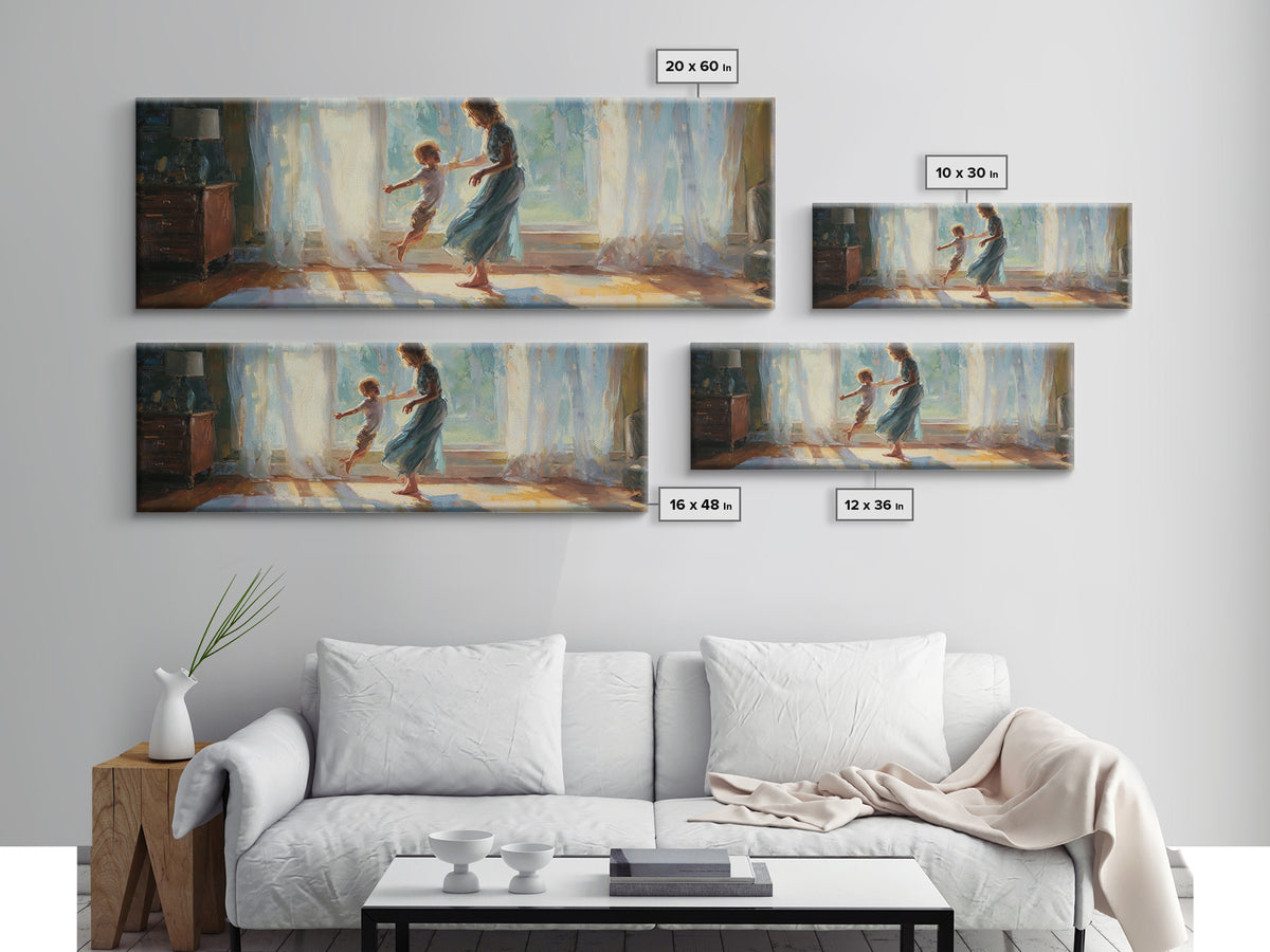 Mother And Child Dancing In Sunlit Room Canvas Print, Warm Window Light, Family Wall Decor, Bedroom Art, Gift For Her, Home Decor