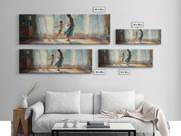 Mother And Child Dancing In Sunlit Room Canvas Print, Warm Window Light, Family Wall Decor, Bedroom Art, Gift For Her, Home Decor