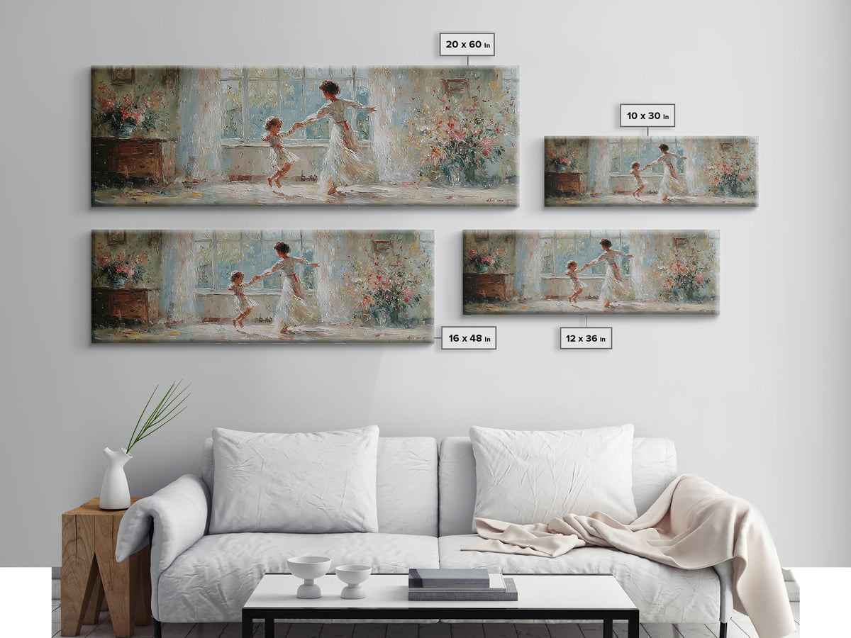 Mother And Daughter Dancing In White Dress Wall Art, Floral Window Interior, Feminine Wall Decor, Fine Art Print, Bedroom Decor