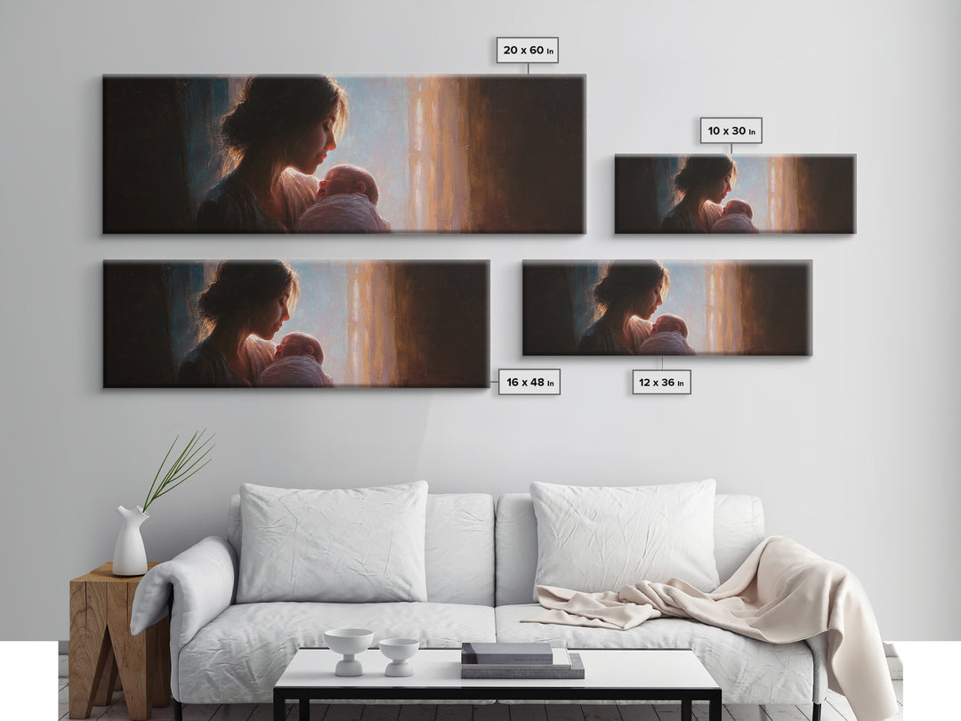 Mother Holding Newborn By Window Wall Art, Tender Motherhood Canvas Print, Baby Nursery Decor, Gift For Mom, Fine Art Print