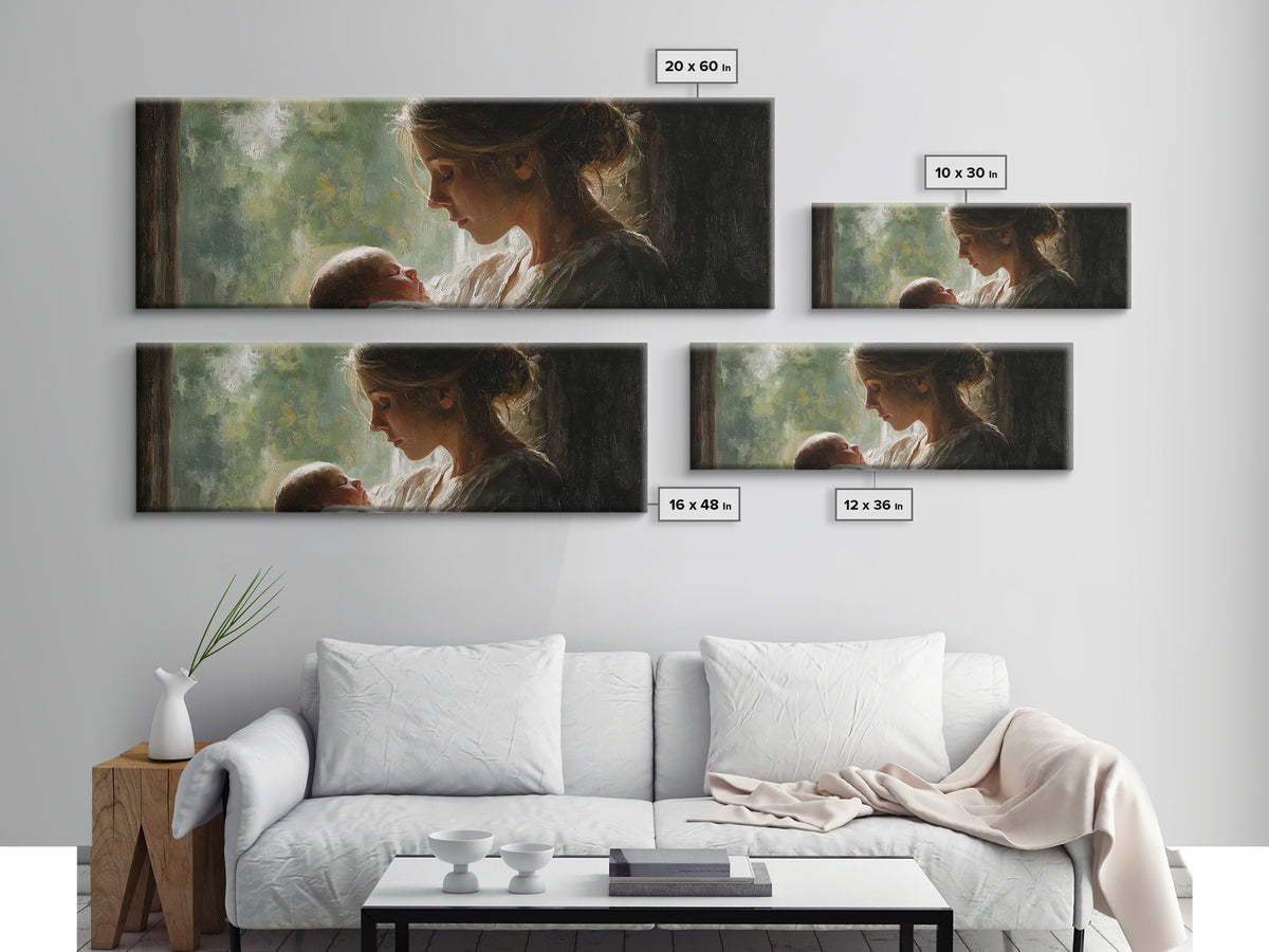 Mother Gazing At Newborn Near Window Framed Canvas Print, Soft Motherhood Wall Art, Baby Nursery Decor, Gift For Mom, Fine Art Print