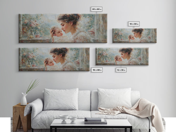 Mother Cuddling Sleeping Baby Near Window Wall Art, Impressionist Motherhood Canvas Print, Floral Nursery Decor, Gift For Mom