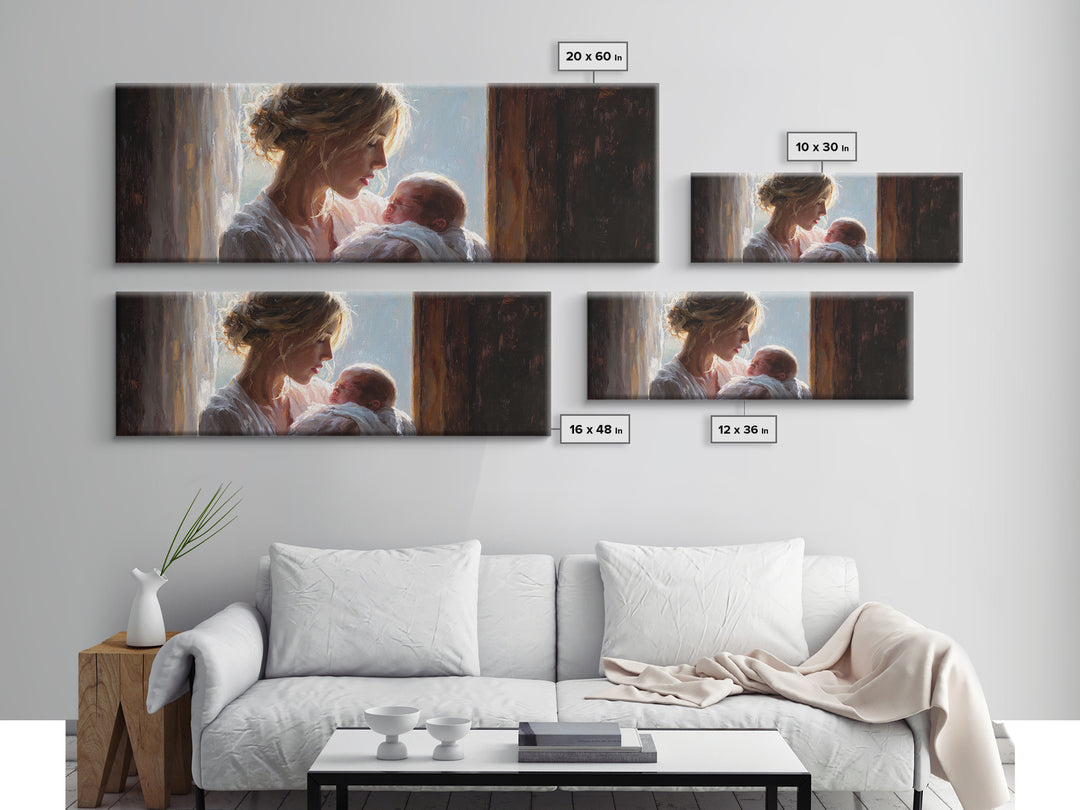 Mother Cradling Newborn In Golden Window Light Wall Art, Tender Motherhood Canvas Print, Baby Nursery Decor, Gift For Mom