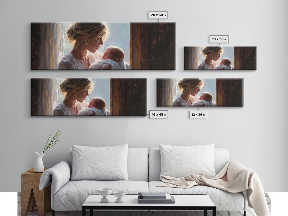 Mother Cradling Newborn In Golden Window Light Wall Art, Tender Motherhood Canvas Print, Baby Nursery Decor, Gift For Mom