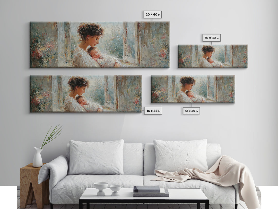 Mother And Sleeping Baby In Floral Window Canvas Print, Soft Motherhood Wall Art, Nursery Decor, Gift For Mom, Fine Art Print
