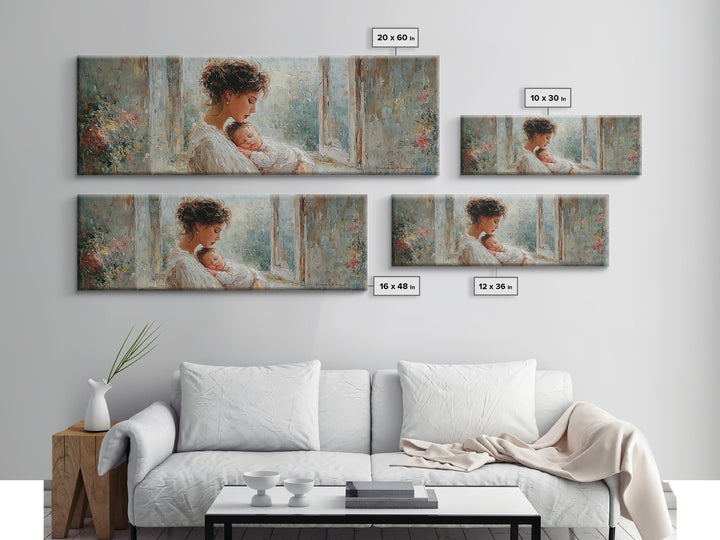 Mother And Sleeping Baby In Floral Window Canvas Print, Soft Motherhood Wall Art, Nursery Decor, Gift For Mom, Fine Art Print