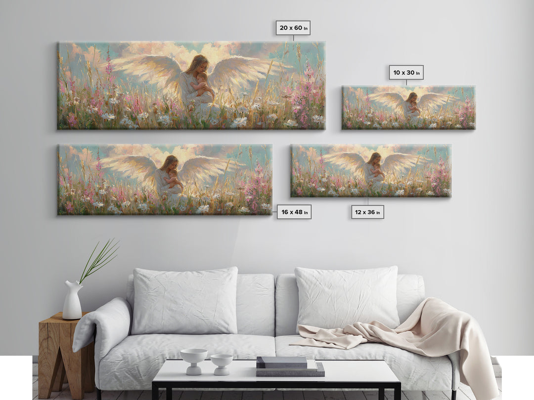 Angel Mother And Child In Wildflower Meadow Wall Art, Christian Nursery Decor, Feminine Spiritual Gift For Her, Living Room Decor