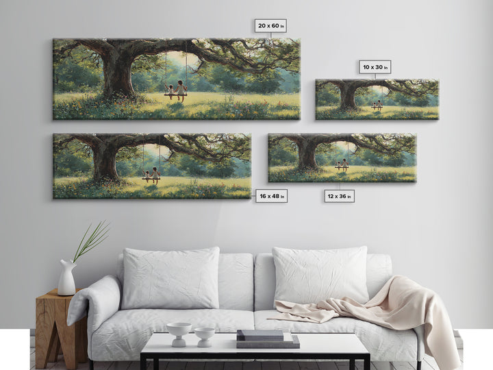 Children On Tree Swing Beneath Ancient Oak Wall Art, Whimsical Nursery Decor, Woodland Kids Room Art, Housewarming Gift Idea