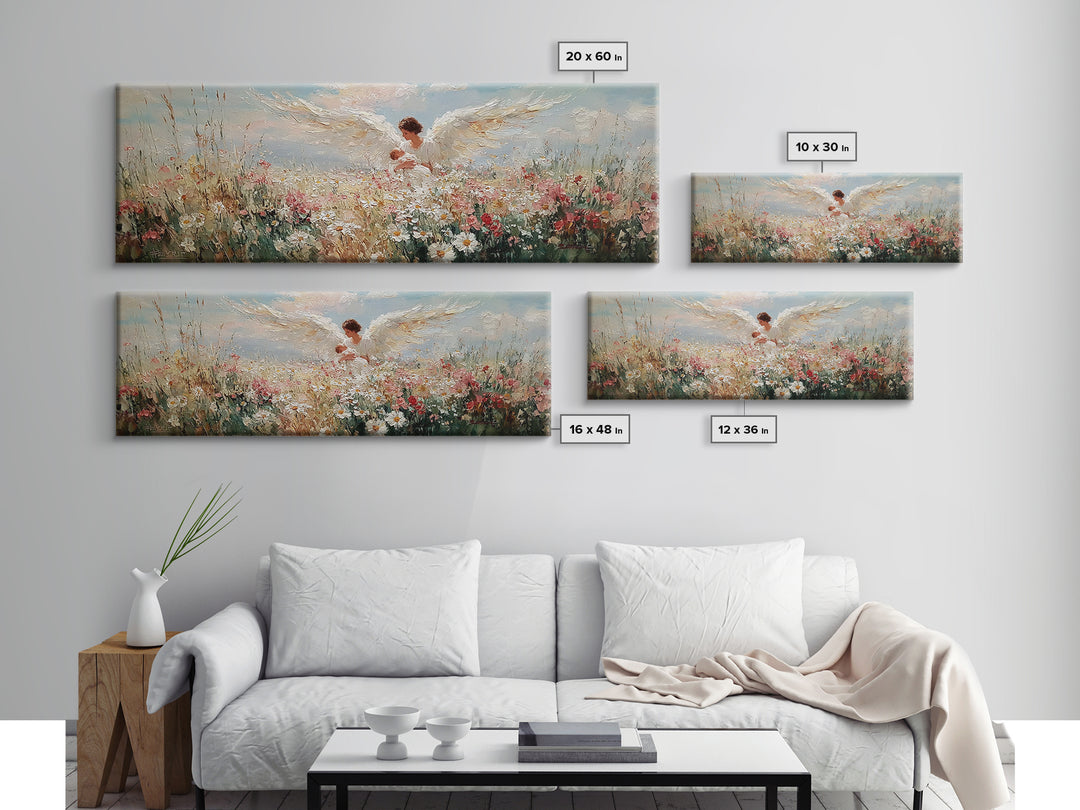 Angel Mother Holding Baby In Floral Meadow Framed Canvas Print, Christian Wall Art, Spiritual Nursery Decor, Gift For Her