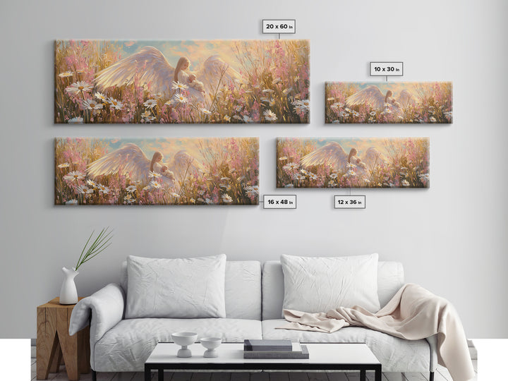Guardian Angel Cradling Baby In Daisy Field Canvas Print, Christian Nursery Wall Art, Feminine Spiritual Home Decor, Gift For Her