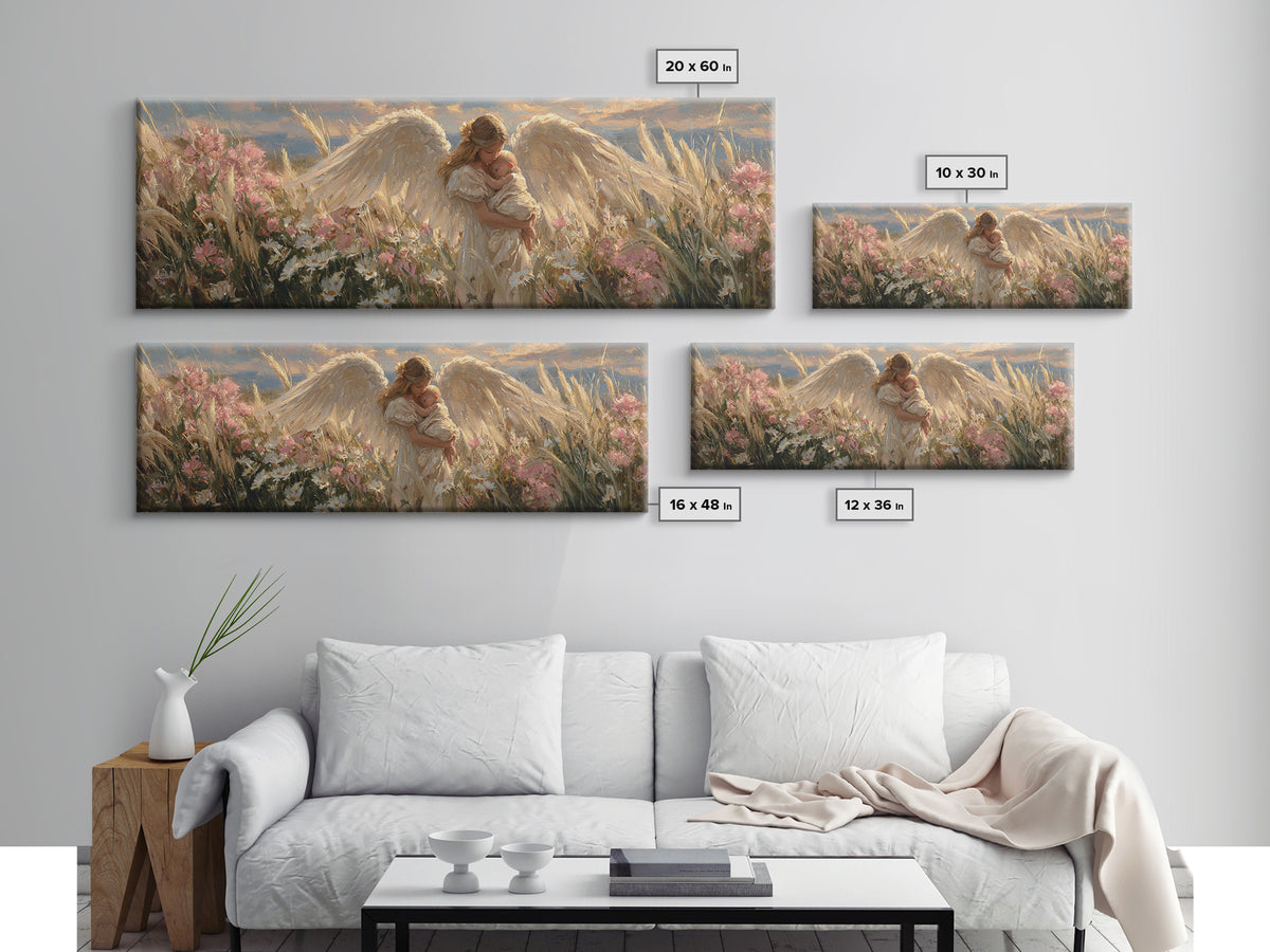 Winged Angel Mother With Newborn At Sunset Wall Art, Christian Home Decor, Romantic Bedroom Art, Housewarming Gift For Mom