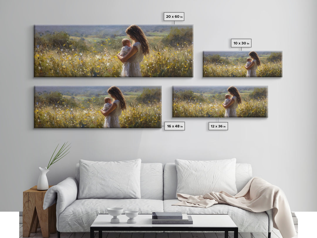 Mother And Baby In Sunlit Wildflower Meadow Wall Art, Impressionist Landscape, Nursery Decor, Gift For Mom, Above Bed Art
