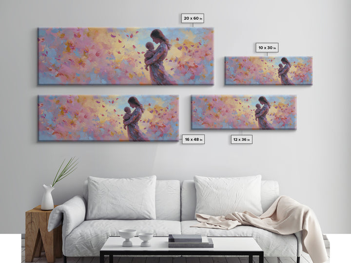 Mother Holding Baby With Pastel Butterflies Canvas Print, Colorful Nursery Wall Art, Feminine Decor, Baby Shower Gift Idea