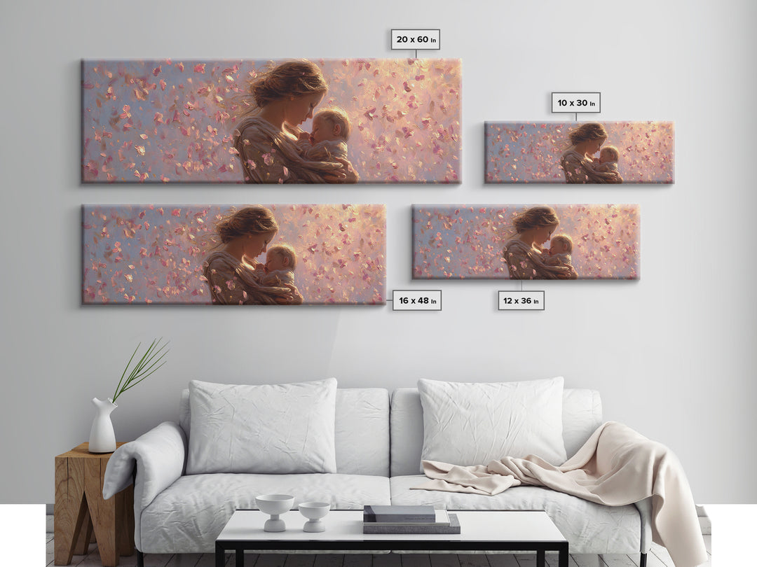 Mother And Baby In Pink Petal Light Canvas Print, Romantic Nursery Wall Art, Feminine Decor, New Mom Gift, Baby Shower Gift