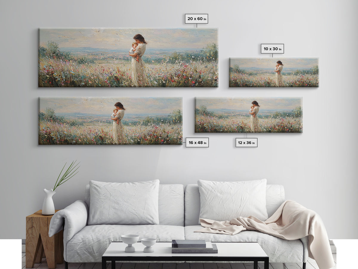 Mother Holding Baby In Hilltop Wildflower Meadow Wall Art, Panoramic Landscape Canvas Print, Nursery Decor, Gift For Mom