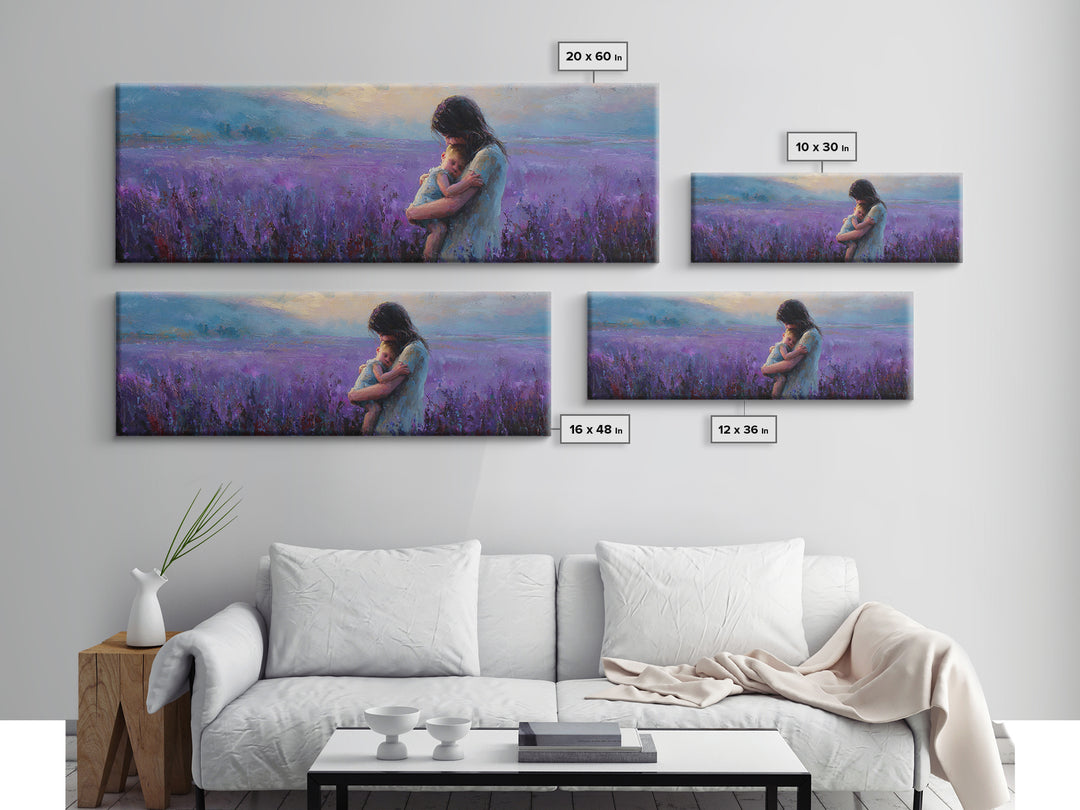Mother And Baby In Lavender Field Canvas Print, Purple Landscape Wall Art, Calming Nursery Decor, Gift For Mom, New Baby Gift