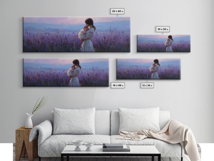 Mother Holding Baby At Lavender Sunset Wall Art, Moody Purple Landscape, Framed Canvas Print, Nursery Decor, Gift For Mom