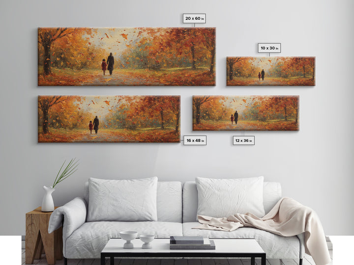 Parent And Child Strolling Golden Autumn Park Wall Art, Large Horizontal Canvas Print, Fall Landscape Decor, Housewarming Gift