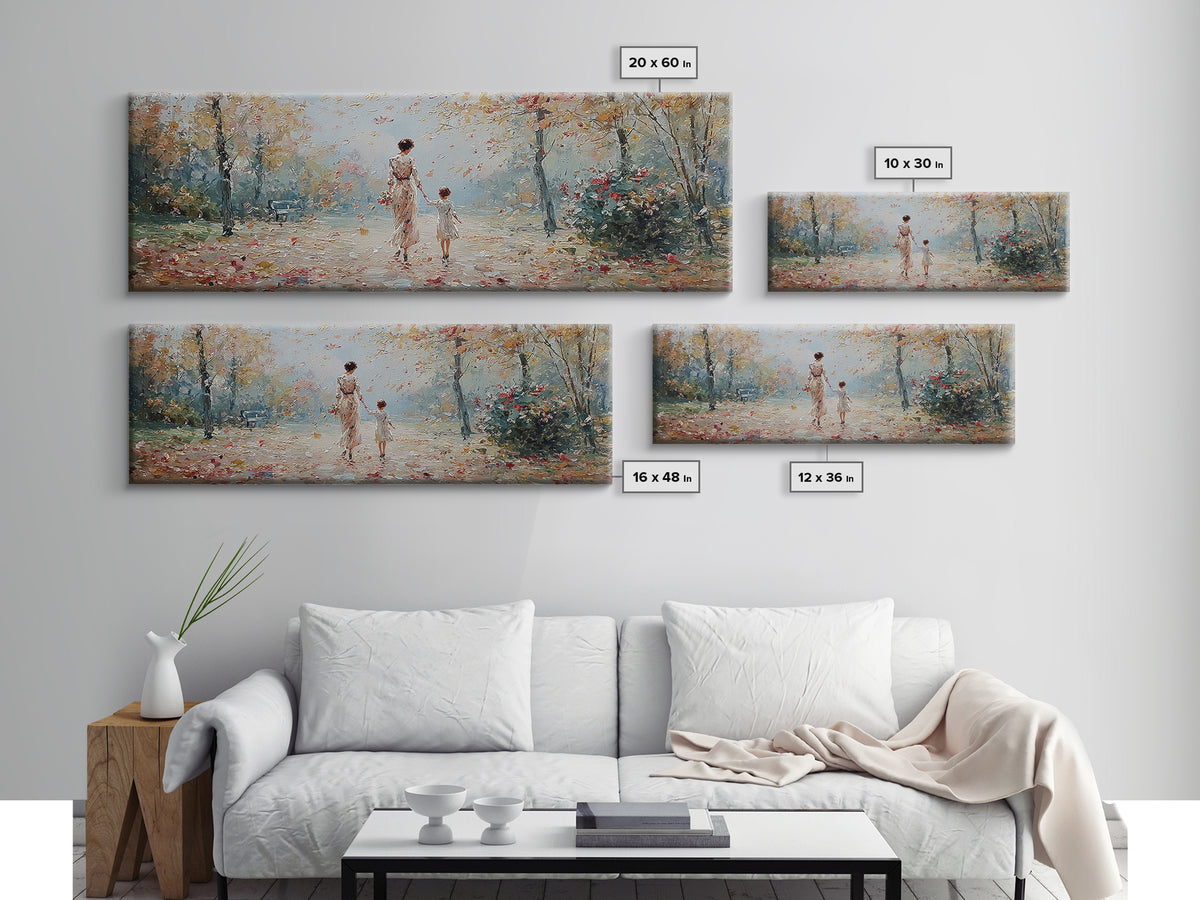 Mother And Child Walking In Soft Autumn Light Wall Art, Impressionist Canvas Print, Tranquil Landscape Decor, Gift For Mom