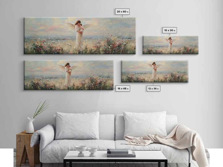 Mother Holding Baby In Blooming Meadow Wall Art, Panoramic Canvas Print, Floral Nursery Decor, Gift For Mom, Above Bed Art