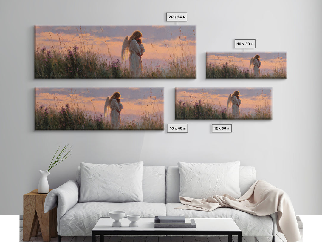 Guardian Angel Holding Child At Sunset Wall Art, Spiritual Framed Canvas Print, Christian Nursery Decor, Baby Gift, Home Decor