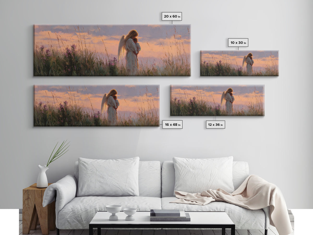 Guardian Angel Holding Child At Sunset Wall Art, Spiritual Framed Canvas Print, Christian Nursery Decor, Baby Gift, Home Decor