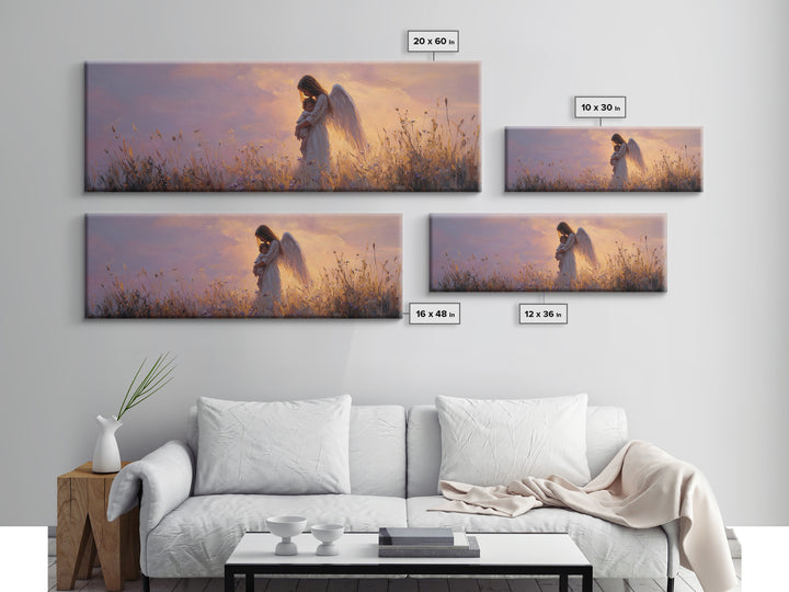 Guardian Angel Cradling Child In Golden Meadow Wall Art, Celestial Canvas Print, Spiritual Nursery Decor, Christian Gift