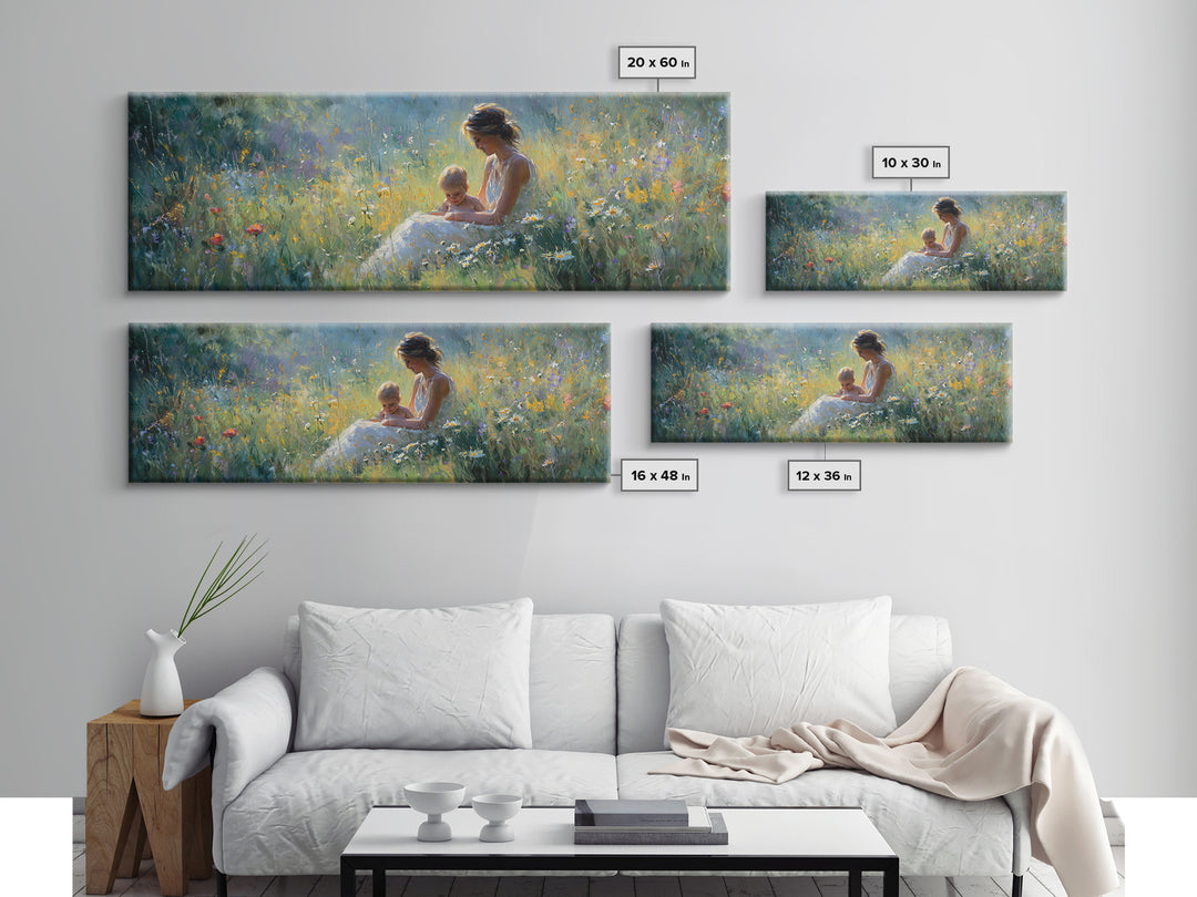 Sunlit Mother And Baby Meadow Wall Art, Impressionist Wildflower Landscape Print, Nursery Decor, Above Bed Canvas Home Decor