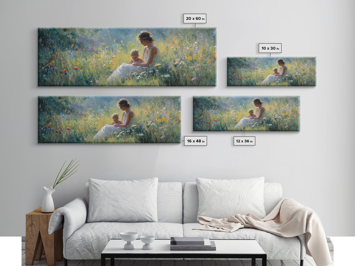 Sunlit Mother And Baby Meadow Wall Art, Impressionist Wildflower Landscape Print, Nursery Decor, Above Bed Canvas Home Decor