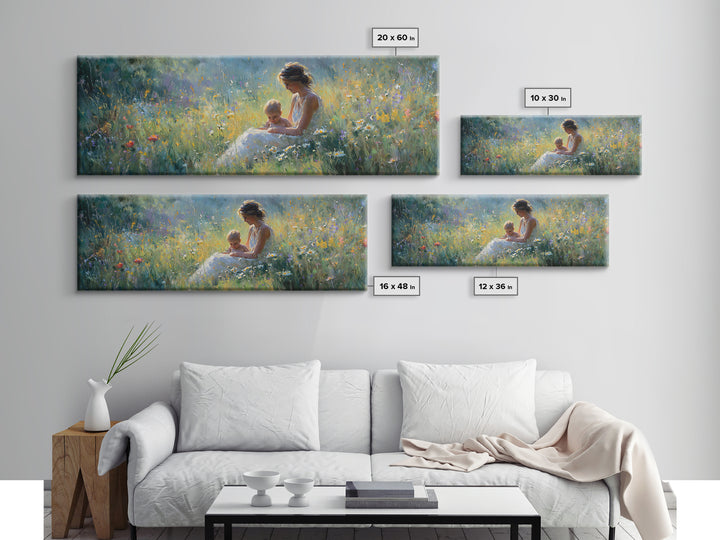 Sunlit Mother And Baby Meadow Wall Art, Impressionist Wildflower Landscape Print, Nursery Decor, Above Bed Canvas Home Decor