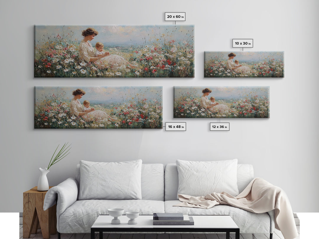 Mother And Child By The Sea Framed Canvas Print, Impressionist Wildflower Meadow, Coastal Nursery Wall Decor, Gift For Her