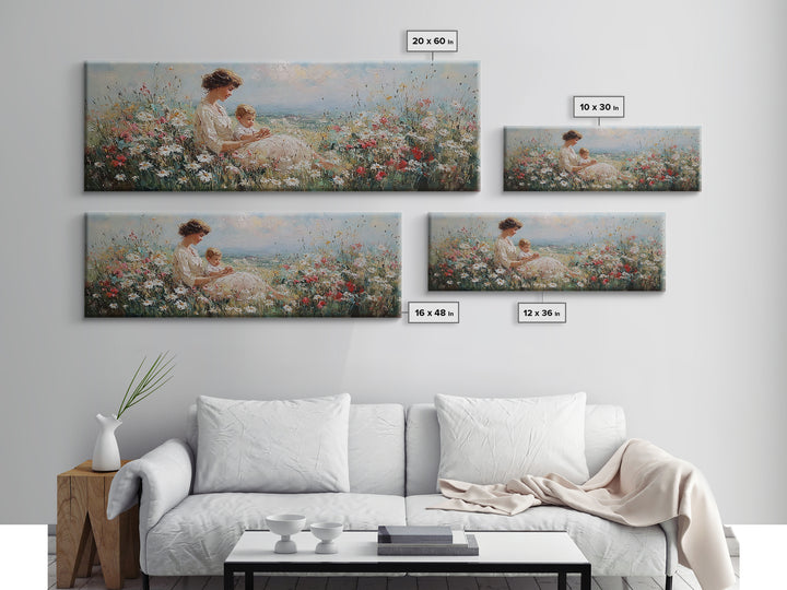 Mother And Child By The Sea Framed Canvas Print, Impressionist Wildflower Meadow, Coastal Nursery Wall Decor, Gift For Her