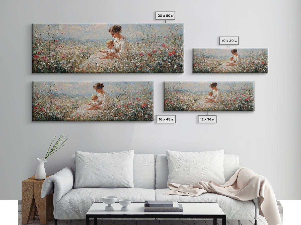 Sunlit Mother And Baby Wildflower Canvas Print, Impressionist Meadow Landscape, Feminine Nursery Wall Art Home Decor, Gift For Her