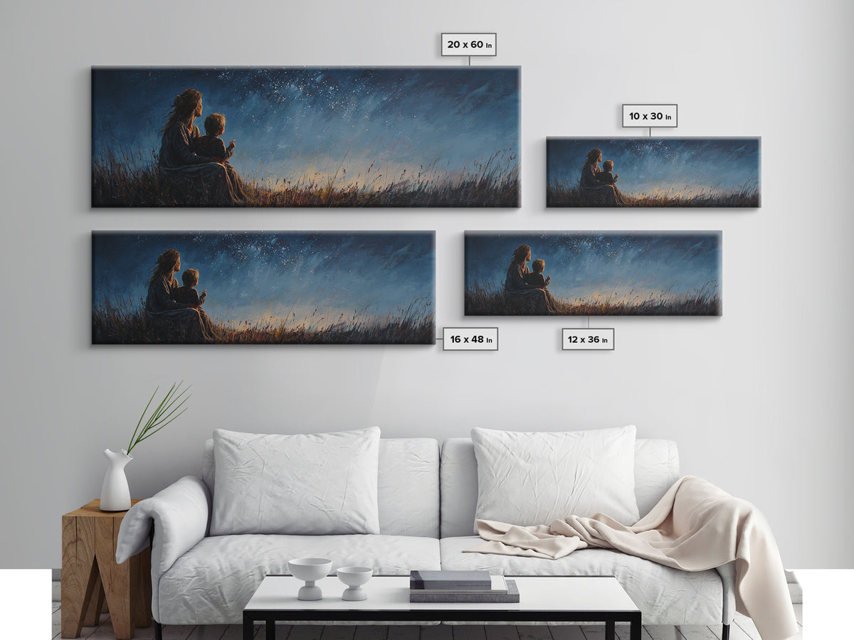 Mother And Child Under Starry Sky Wall Art, Moody Night Meadow Painting, Celestial Nursery Decor, Blue Bedroom Art, Gift For Mom